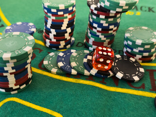 Casino chips and dice view.