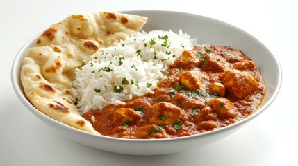 A flavorful chicken tikka masala served with basmati rice and naan bread. Featuring spice and warmth