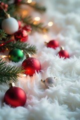 Obraz premium White fur covered with a mix of red and green Christmas decorations, pink, christmas, shine