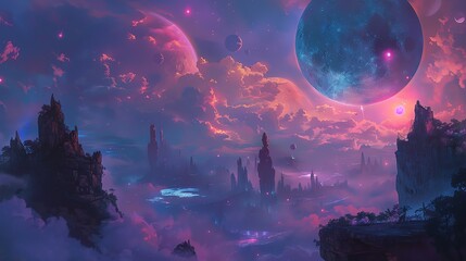 Obraz premium Fantasy landscape with floating islands, mountains and a pink sky.