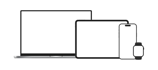 Laptop, Tablet PC, Smartphone and Smartwatch Devices Mockup Set Vector Illustration. Modern Technology Blank Screen Advertisement, Promotion Template