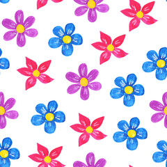 Seamless floral pattern with red, blue and purple flowers isolated on a transparent background. PNG. Good for textile, wrap, paper and card design.	