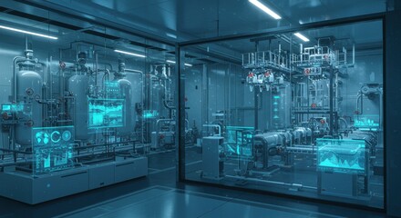 Advanced Industrial Automation System: Futuristic Factory Interior with Digital Overlays and  High-Tech Machinery