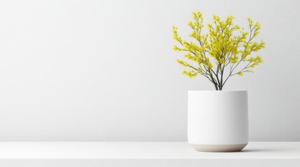 A white ceramic vase with yellow mimosa flowers on a minimalist white shelf, bright natural light, and simple and elegant home decor concept.