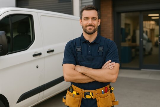 Repair service owner in uniform standing in front of workshop van or store, toolbelt on, looking ready to work