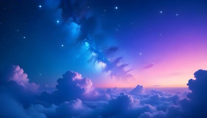 Fototapeta premium A digital artwork of a cosmic sky, featuring a gradient of colors transitioning from deep blues and purples at the top to soft pinks and blues at the bottom