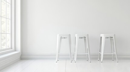 Slim-profile dining stools arranged in a clean, monochrome room