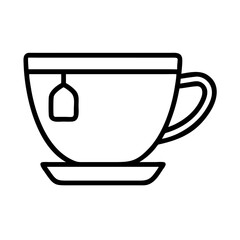 Outline drawing of a tea cup with tea bag on a saucer vector icon for cafe or restaurant design for graphic use