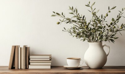 Neutral Mediterranean home design. Textured vase with olive tree branches, cup of coffee. Books on wooden table. Living room still life. Empty wall copy space. Modern interior, no people. Lateral, Gen