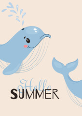 whale cartoon summer illustration cute ocean splash water marine hello smiling blue