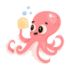 cartoon octopus pink shell underwater animal ocean sea bubbles cute character vector