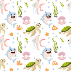 shark turtle fish sea pattern cute marine seamless ocean repeat background cartoon