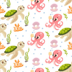 octopus turtle marine pattern underwater cute seamless ocean baby sea vector design