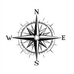 Black and white vector illustration of an old fashioned compass symbolizing adventure or exploration. Minimalistic yet iconic image suitable as clip art or sticker in high resolution, no shadows.