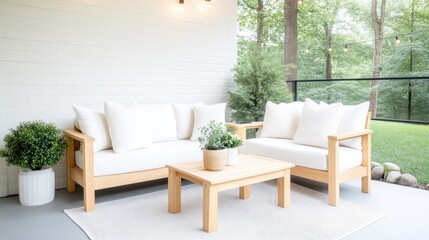 Outdoor patio furniture set in a modern style.  Light wood frame, white cushions, and a small coffee table.  Relaxing outdoor space with greenery