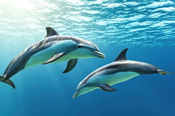 Obraz premium Reducing ocean noise pollution with underwater tech, dolphins swimming happily.