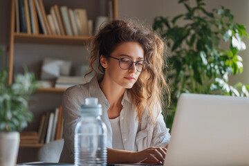 Fototapeta premium Junge Frauen trinken Wasser beim Arbeiten im Homeoffice