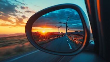Fototapeta premium In the rearview mirror of an electric car, we see a wind turbine in focus against a backdrop