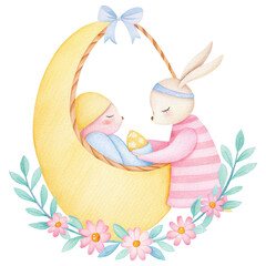 Bunny Easter concept. Cute bunny caring for a baby in a whimsical cradle surrounded by flowers.