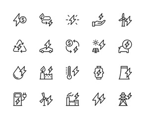 Energy related vector linear icons set. Contains such cost, green energy, windmill, electric car and more.