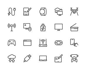 Electronic devices related vector linear icons set. Contains such icons as charger; smartphone; smart watch, Wi-Fi and more.