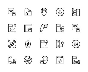 Gas station related vector linear icons set. Contains such icons as petrol station, gas station, petrol pump, Wi-Fi and more.