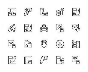 Gas station related vector linear icons set. Contains such icons as petrol station, gas station, car, tire service, energy and more.