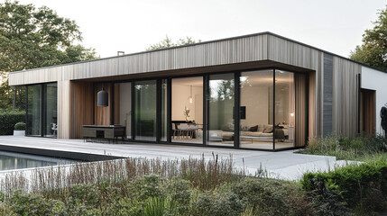 Fototapeta premium contemporary Scandinavian style home with large glass windows and wooden facade