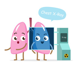 Lung and X-ray machine . Funny medical cartoon character . Isolated white background . Vector .