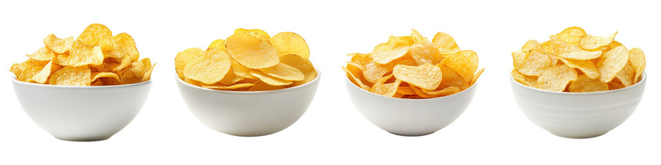 Four bowls of golden crispy potato chips.