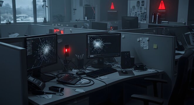 Cubicles with broken monitors and red alert lights in an office space after a cyber attack simulation
