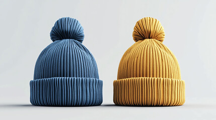 A pair of blue and yellow knitted winter hats with pom-poms, isolated on a clean white background.