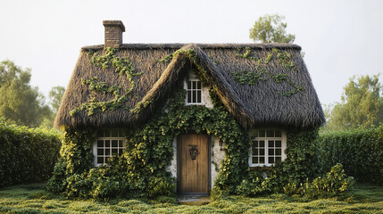 Fototapeta premium charming thatched cottage covered in ivy exudes rustic charm