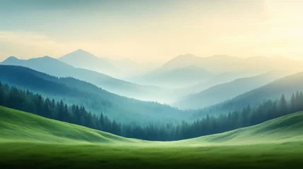 Fototapete Rund Serene landscape featuring rolling hills and misty mountains at sunrise © alexshadyk