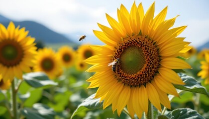 Fototapeta premium Sunflower with Bees Visualize a sunflower with bees buzzing around, capturing the essence of pollination in nature.
