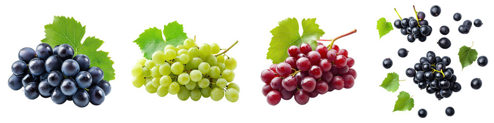 Red, green, and black grapes with leaves.