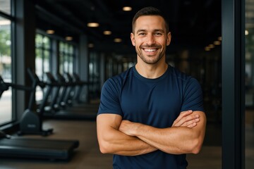 Gym owner standing at the entrance of fitness studio with arms crossed, athletic outfit, confident and energetic vibe