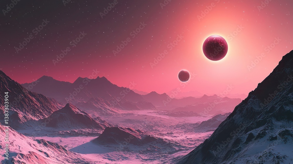 Wall mural A telescopeâ€™s view of a distant exoplanet with multiple moons.