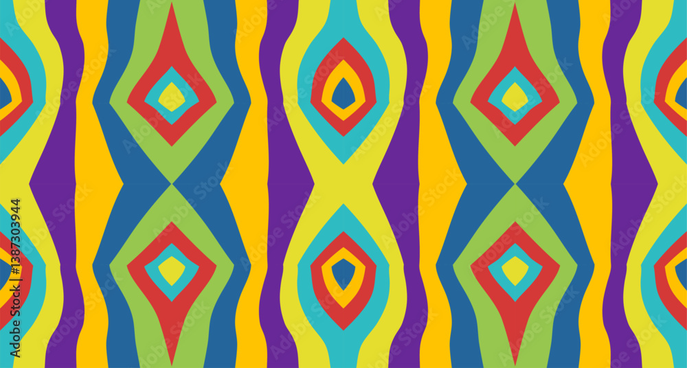Fototapete Bright colorful seamless creative retro pattern. Curve striped geometric design. Vector repeatable fun hipster textile background. Children textile print