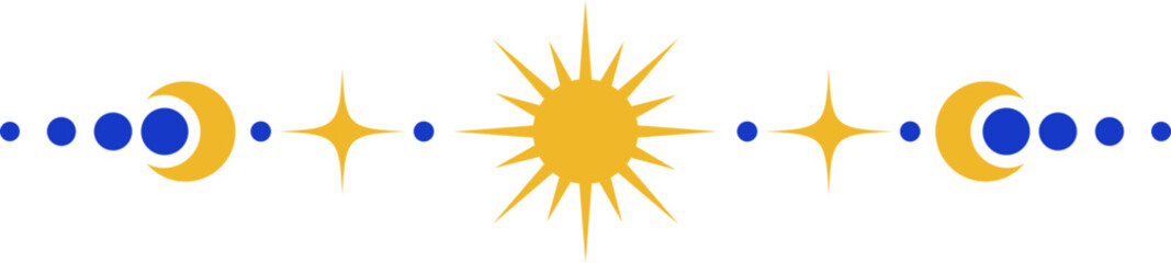 Mystic celestial border with moon and stars ornaments. Astrologic frame with spiritual elements. Divider and fantasy corner with pattern of esoteric astral decorations.