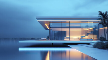 Fototapeta premium futuristic glass walled villa with serene water reflections