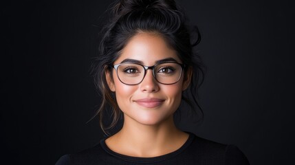 Fototapeta premium Woman with Glasses Stylish Hairdo Minimalist Portrait High Resolution Close-up Shot, Subtle Makeup, Confident Expression, Black Background, Neutral Mood, Ideal for Branding Campaigns