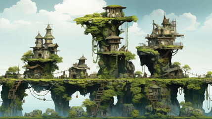 Obraz premium fantasy Platforms Isolated_For 2D Game Design- Cozy Sky Huts