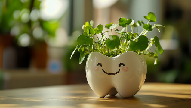 A charming, white tooth-shaped planter with green plants sprouting from it, adding a touch of whimsical beauty to any space.