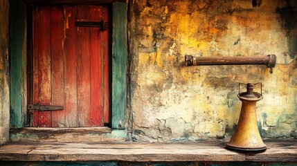 Old Wooden Door & Rusty Pipe on Dusty Wall