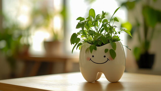 A charming, white tooth-shaped planter with green plants sprouting from it, adding a touch of whimsical beauty to any space.