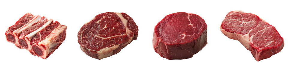 Fototapeta premium Premium Raw Beef Cuts Ribeye, Short Ribs, Sirloin, and Filet.