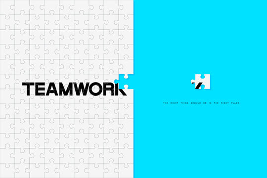 Business concept. Jigsaw puzzle of word teamwork. It reflects having the right elements in a work, like the pieces of a puzzle needing to be in the right place to create perfect picture. Illustration.