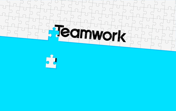 Business concept. Jigsaw puzzle of word teamwork. It reflects having the right elements in a work, like the pieces of a puzzle needing to be in the right place to create perfect picture. Illustration.