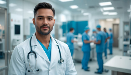 A leader in healthcare, a doctor in a white lab coat, stands confidently in front of a team of dedicated medical professionals in a well-lit hospital setting.